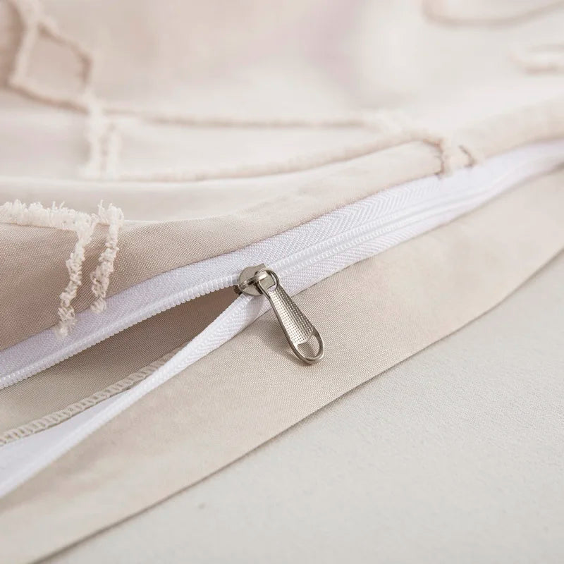 Beige Duvet Cover Full/Queen Size, Boho Tufted Microfiber Bedding Set for All Seasons, Embroidery Shabby Chic Comforter Cover