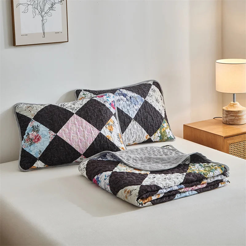 Quilted Bedspread Set,Soft Microfibe Bed Cover+Pillowcase,American Flower Patchwork,Mattress Topper Sheet King cama solteiro