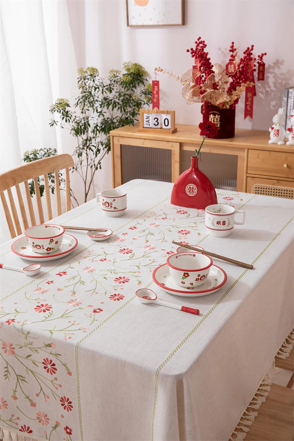 Rustic Embroidery Tablecloths Cotton Linen Coffee Leaves Pattern Rectangle Waterproof Table Covers for Kitchen Living Room Decor