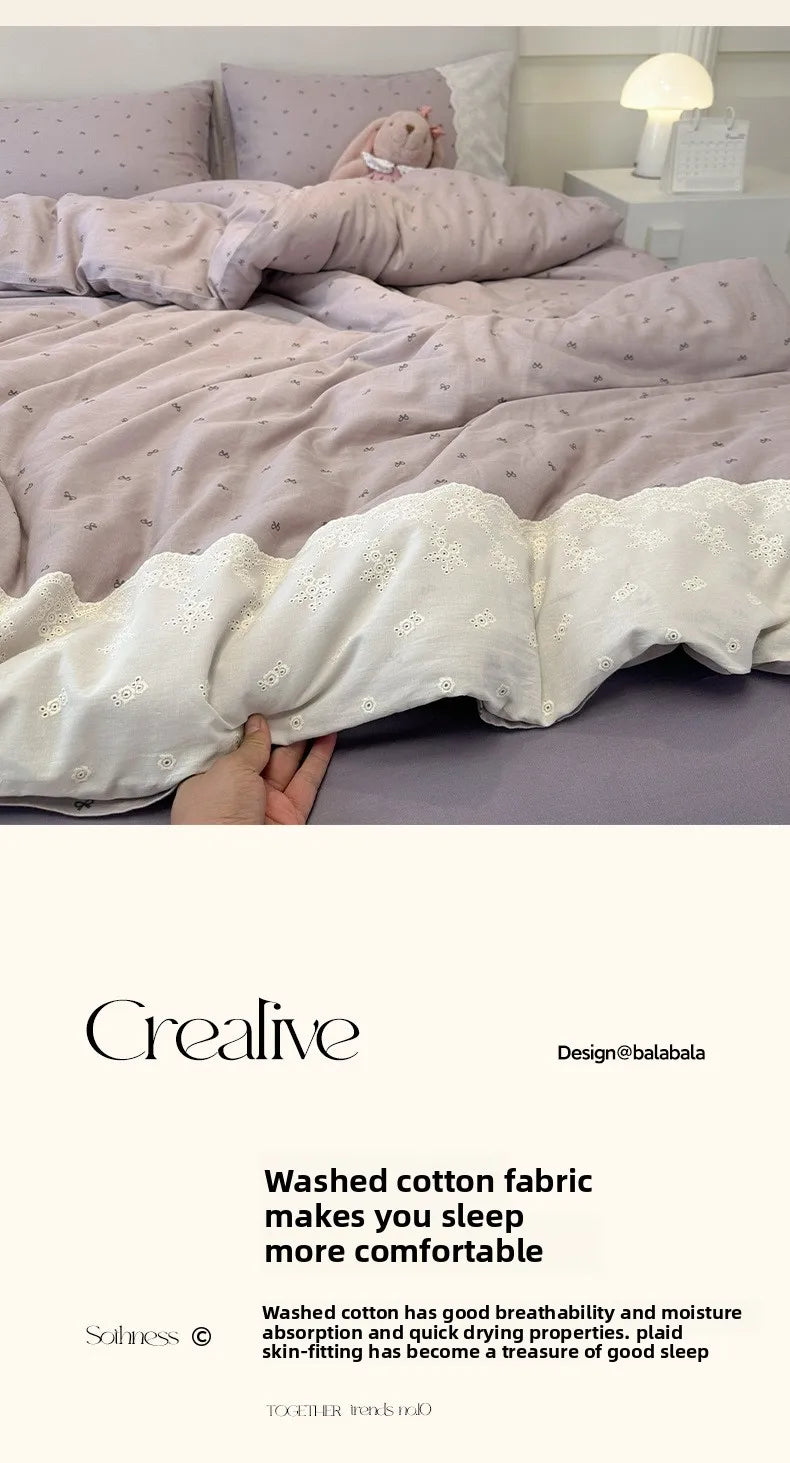 French Cotton Muslin Bedding Set Washed Double Layer Duvet Cover Bed Linen Summer Breathable Sheets Cozy Skin Friendly