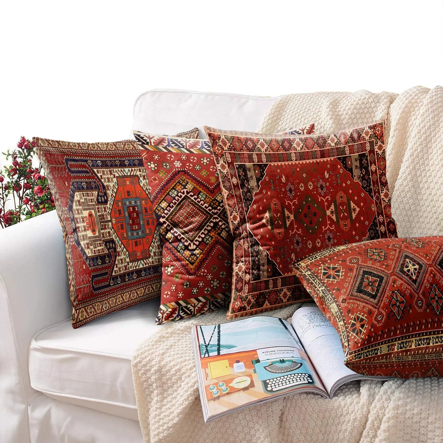 Red Moroccan ethnic style short plush pillowcase sofa cushion cover