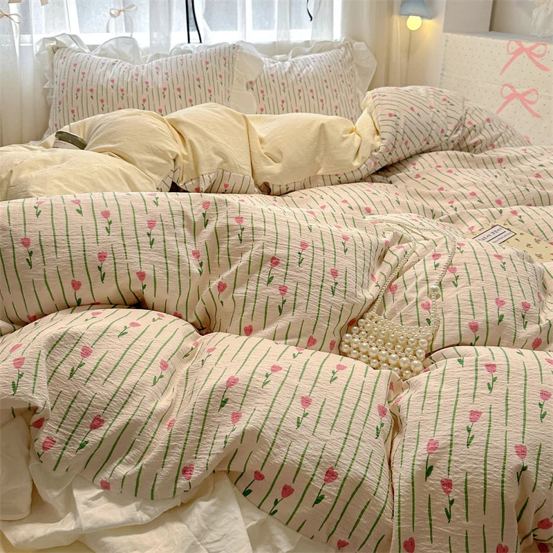 Korean Style Bedding Set with Pillowcase bed sheet Full Size Bed Linen Duvet Cover Set